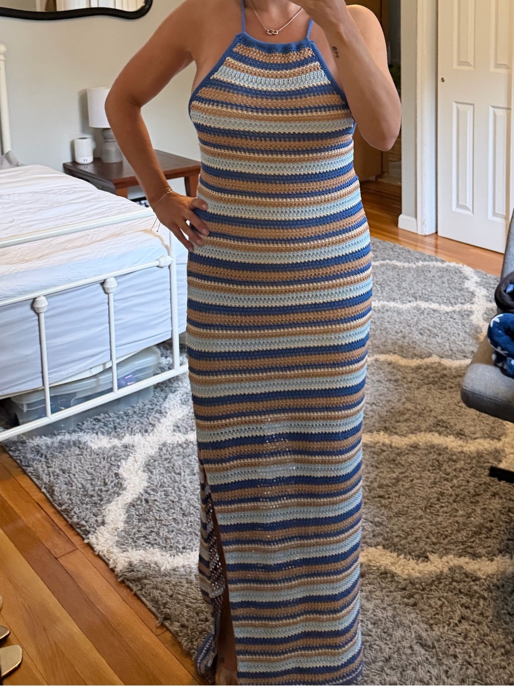 Striped Crochet Halter Maxi Dress in Blue and Tan